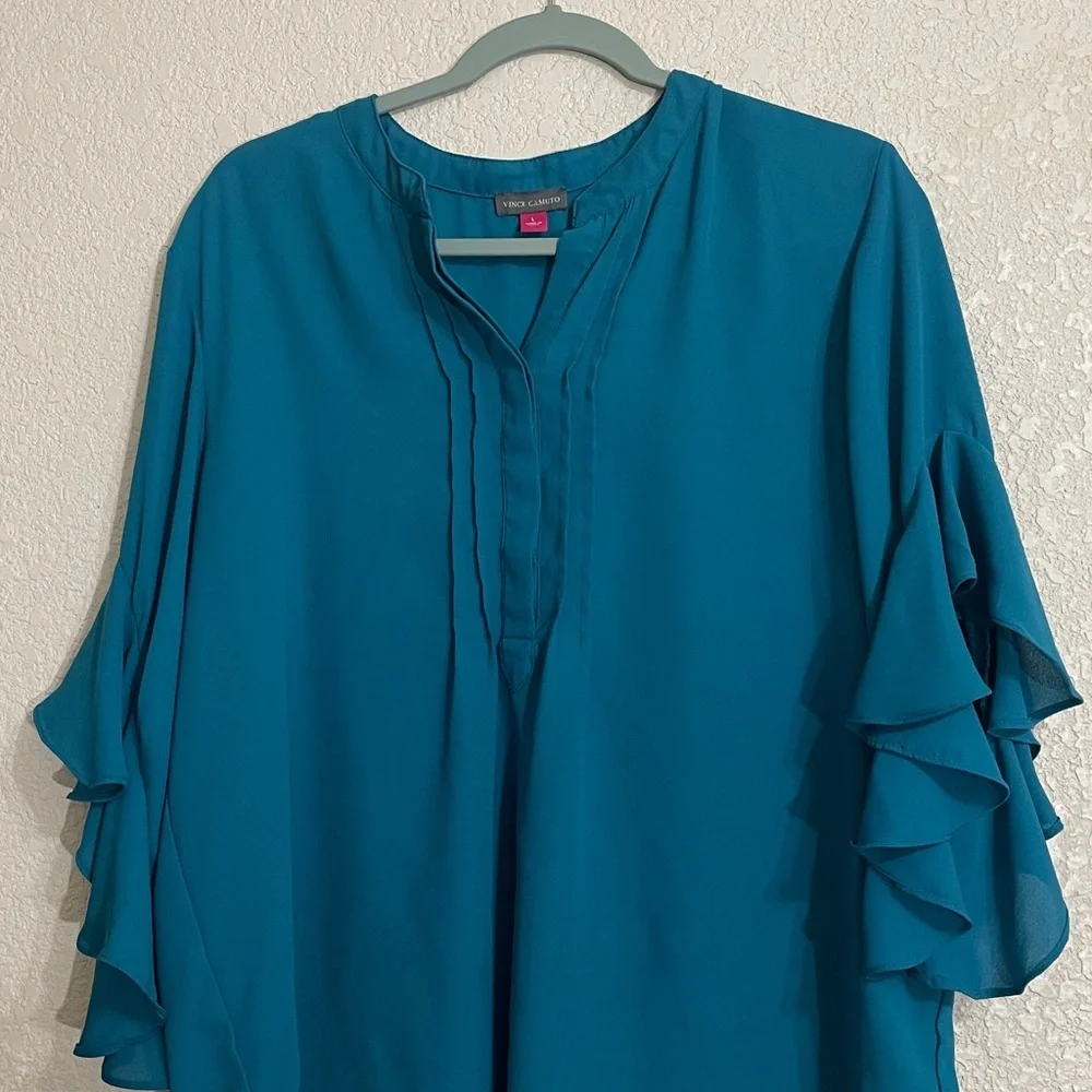 VINCE CAMUTO Teal Ruffle Sleeve Blouse - Picture 2 of 9